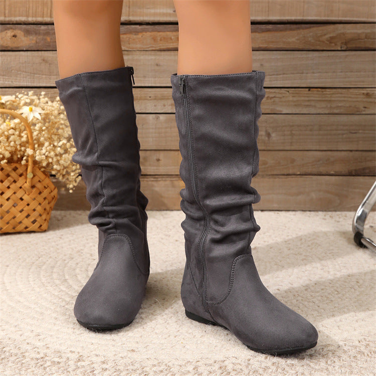 Boots Femme Cuir Plissé — Zip Latéral, Semelle Plate | Pointures 36-43 | 7 Coloris