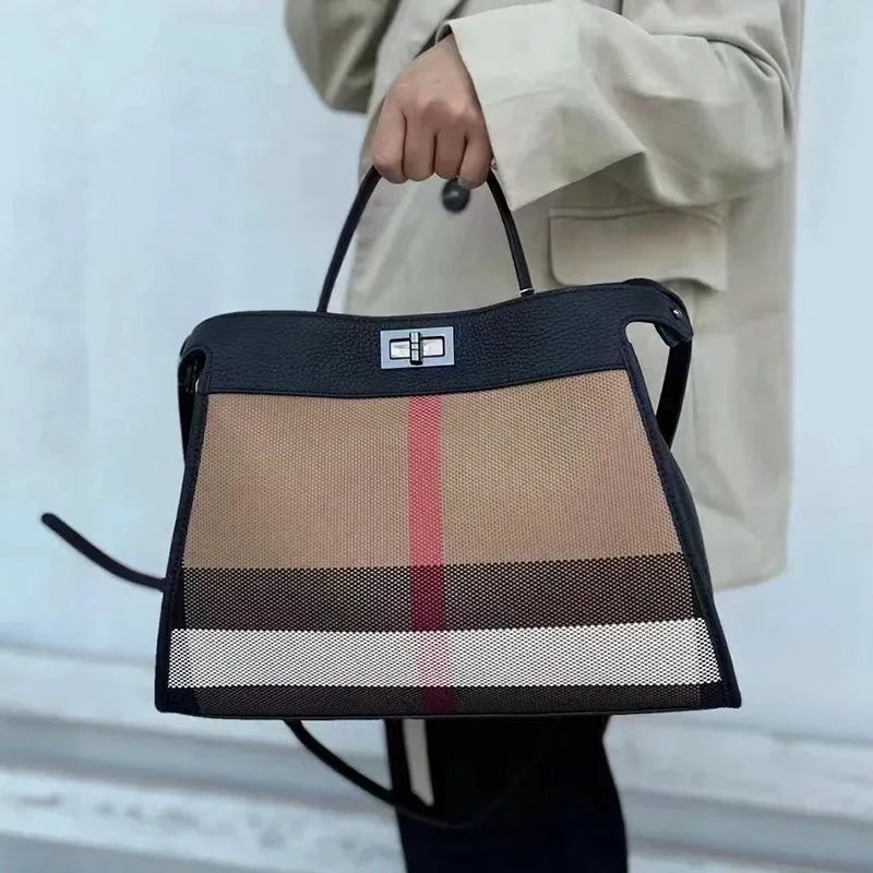 Sac Femme Toile & Cuir Rayé — Épaule & Bandoulière | 4 Coloris