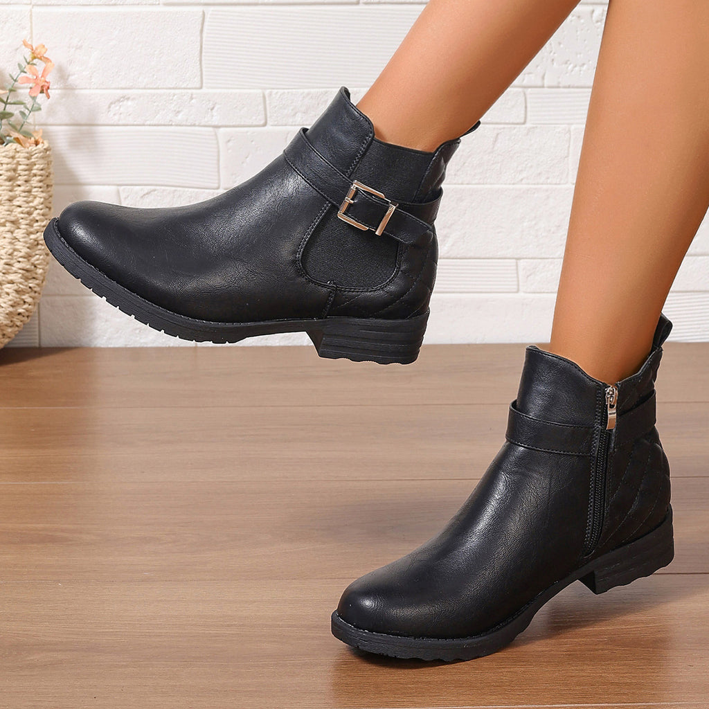 Women's Short Plaid Boots — Buckle, Low Heel, Side Zip | Sizes 36-42 | Black