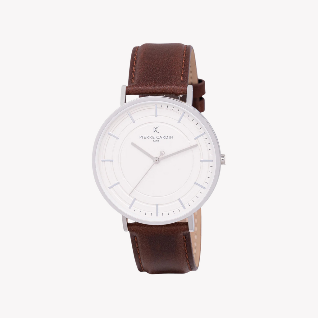 Pierre Cardin Men's Silver Watch, Brown Leather Band | Cbn.3031-0