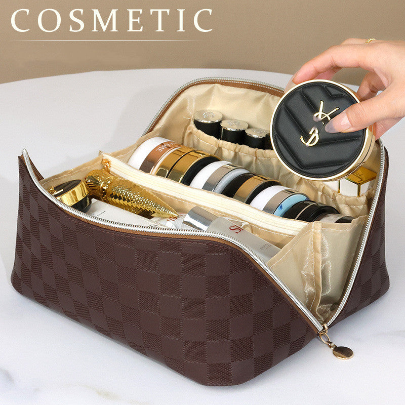 Trousse de Toilette Damier en Cuir PU — Grande Capacité & Style Premium | 3 Coloris