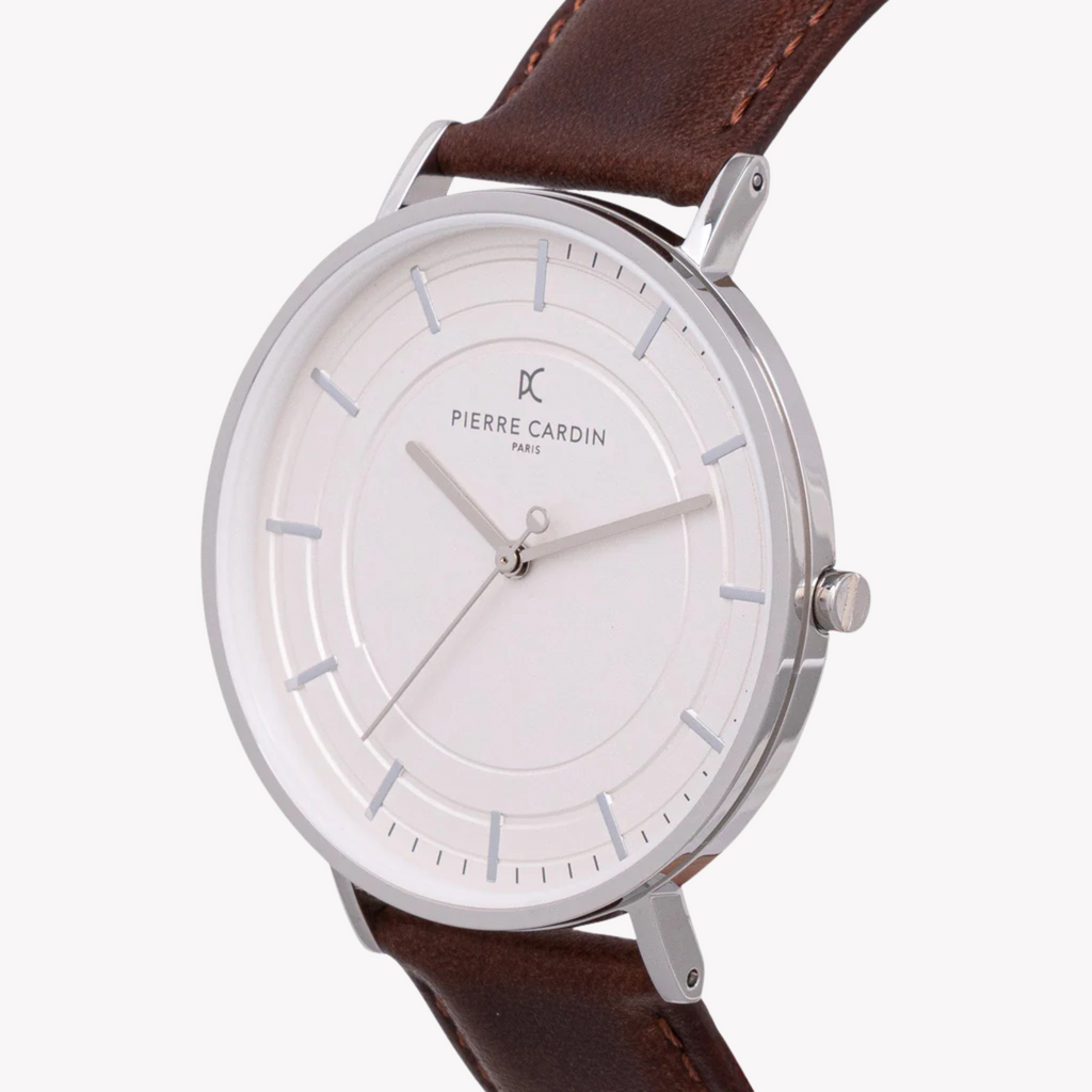 Pierre Cardin Men's Silver Watch, Brown Leather Band | Cbn.3031-1