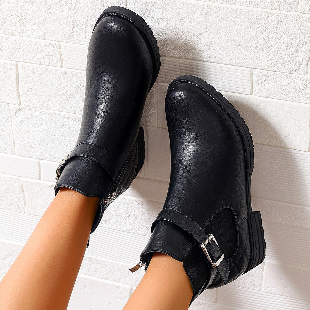Boots Femme Courtes à Carreaux — Boucle, Talon Bas, Zip Latéral | Pointures 36-42 | Noir