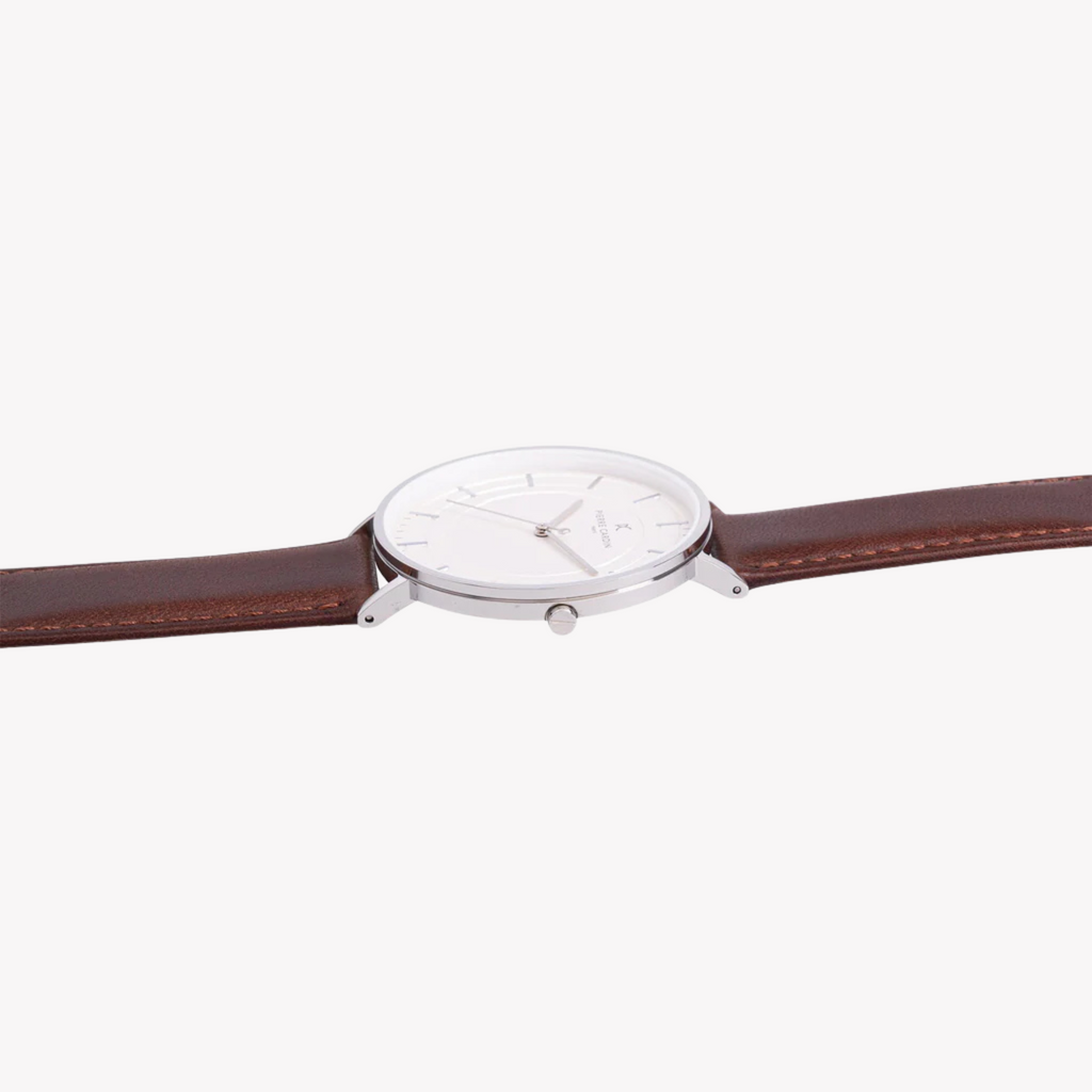 Pierre Cardin Men's Silver Watch, Brown Leather Band | Cbn.3031-2