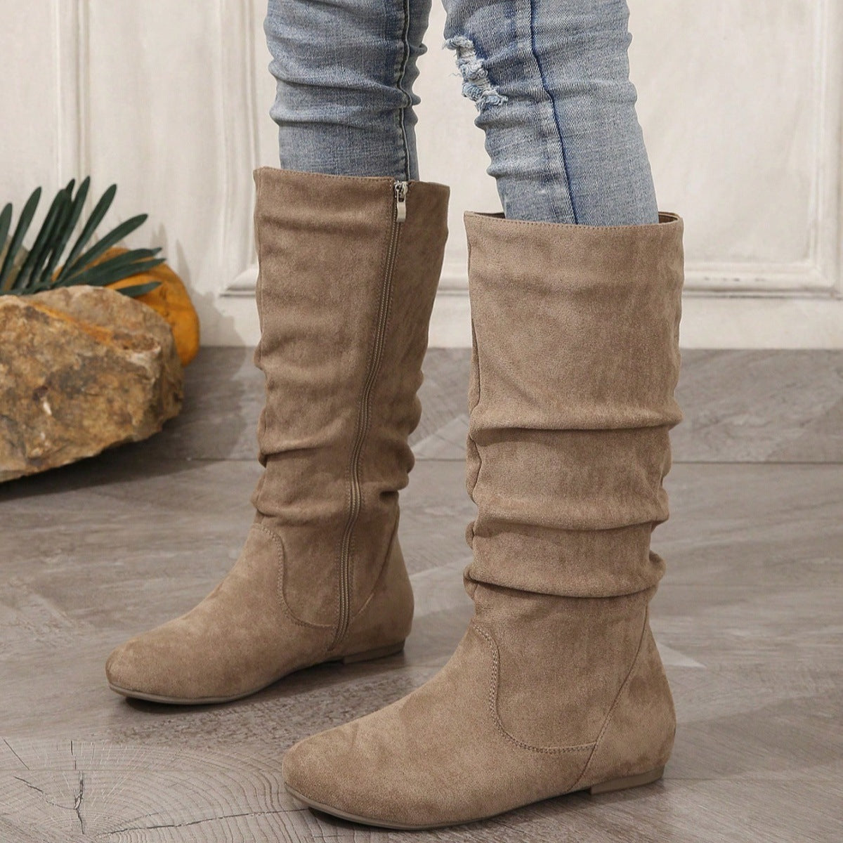 Boots Femme Cuir Plissé — Zip Latéral, Semelle Plate | Pointures 36-43 | 7 Coloris