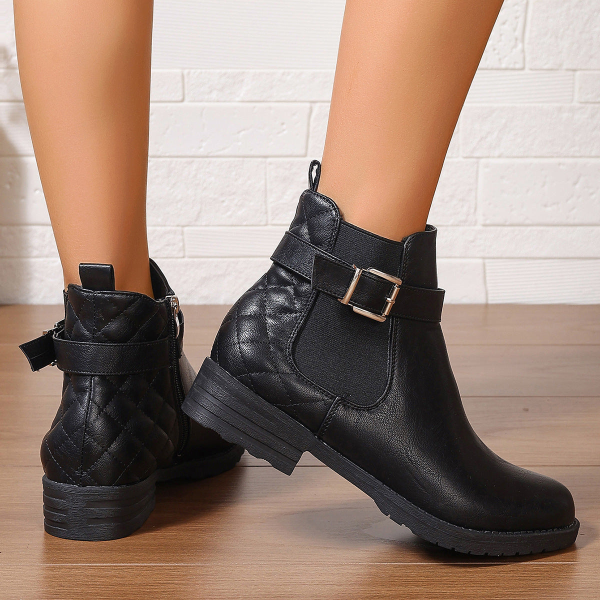 Boots Femme Courtes à Carreaux — Boucle, Talon Bas, Zip Latéral | Pointures 36-42 | Noir