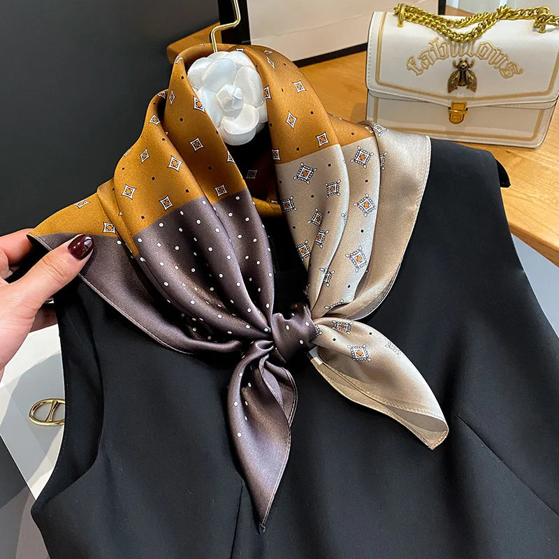 65 × 65 cm square scarf — yellow and coffee tones