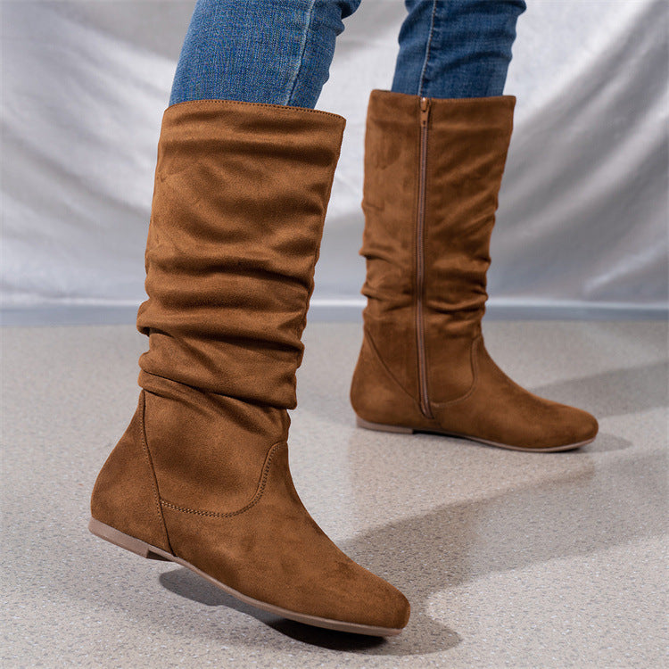 Boots Femme Cuir Plissé — Zip Latéral, Semelle Plate | Pointures 36-43 | 7 Coloris