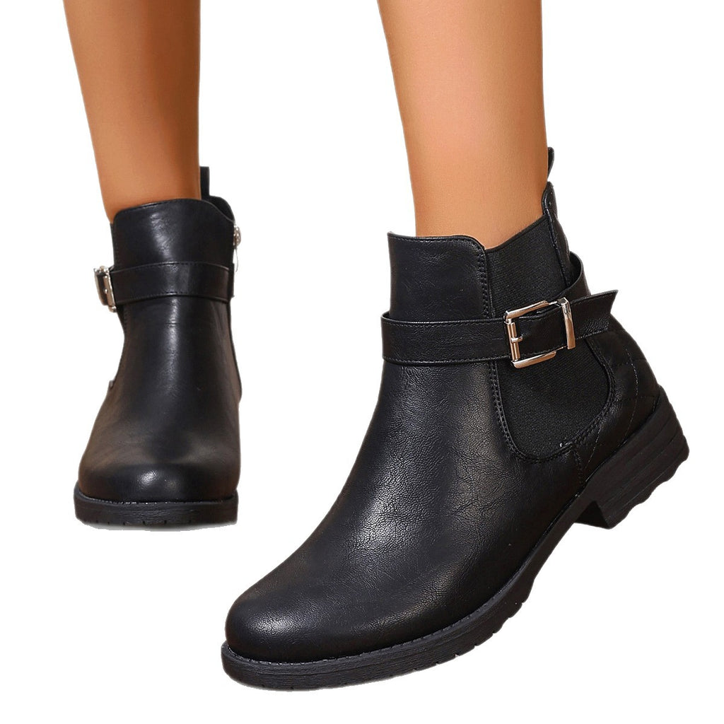 Women's Short Plaid Boots — Buckle, Low Heel, Side Zip | Sizes 36-42 | Black
