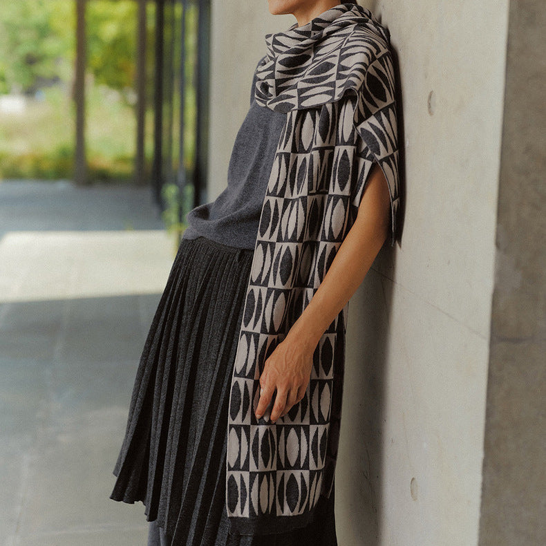 Écharpe Jacquard Géométrique — Cachemire & Laine, Double Face
