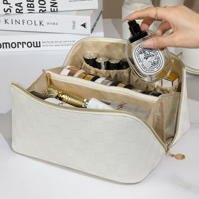 Trousse de Toilette Damier en Cuir PU — Grande Capacité & Style Premium | 3 Coloris