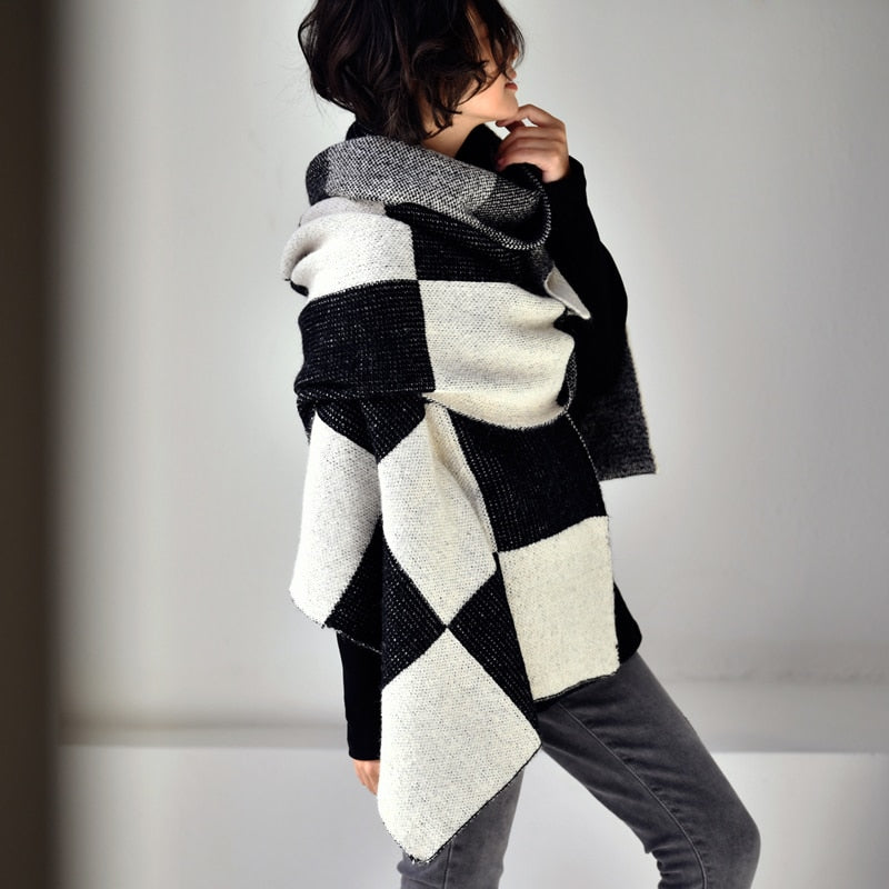 Women's Plaid Wool-Blend Scarf — Large Warm Shawl