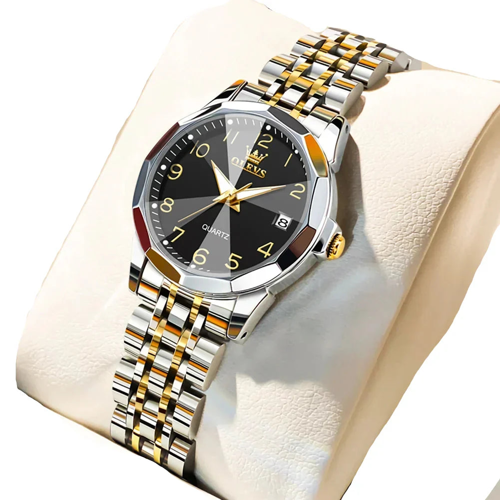 Womens Stainless Steel Quartz Watch Waterproof (Gold Black)-0